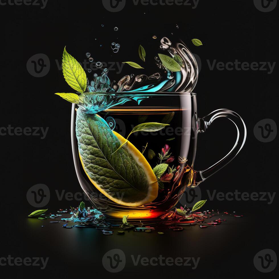 cup of tea splashing splashing mint leaves by photo