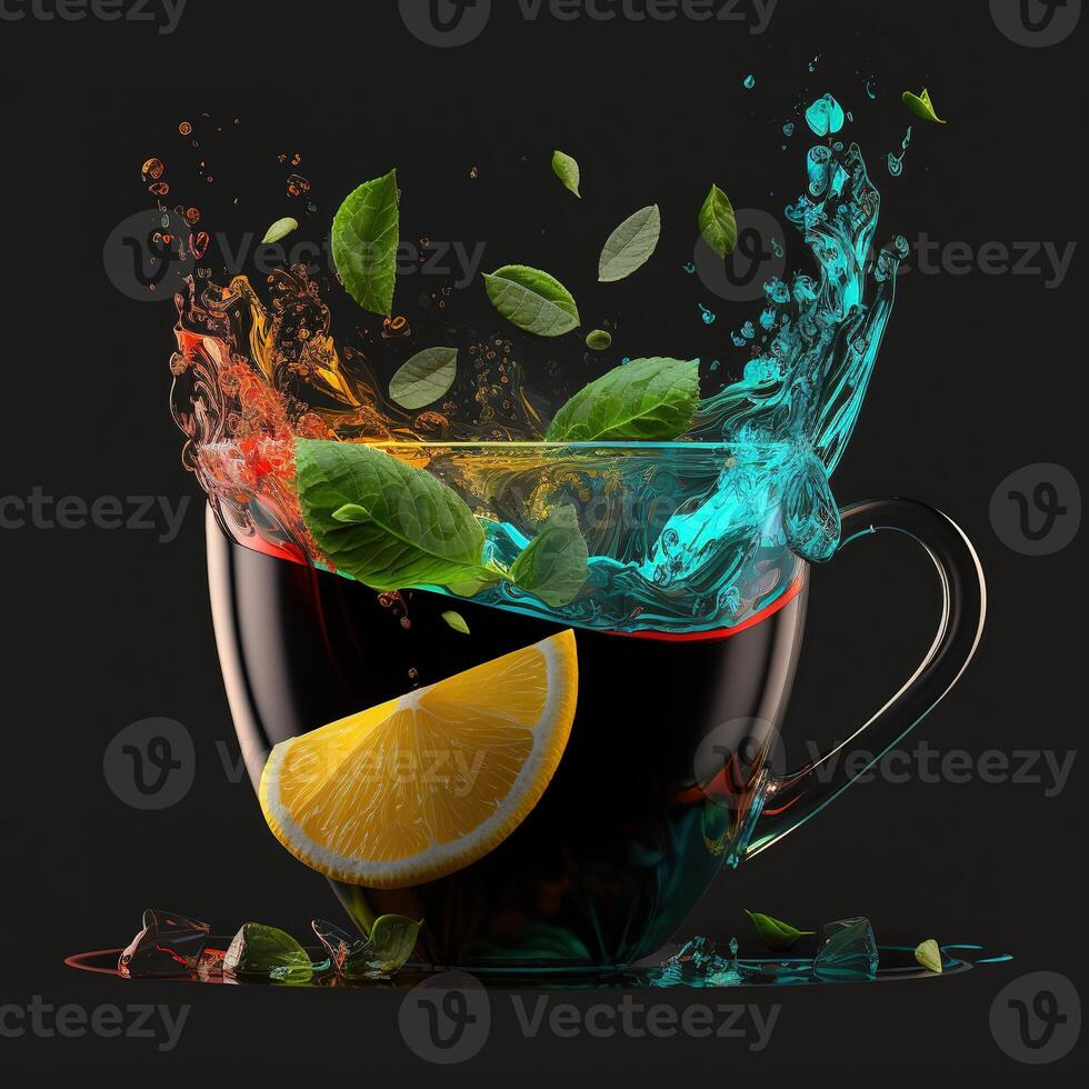 cup of tea splashing splashing mint leaves by photo