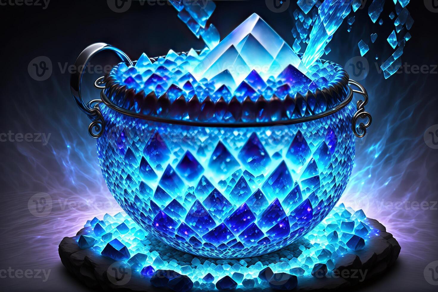 Cauldron made from crystals, deep blue down lighting photo