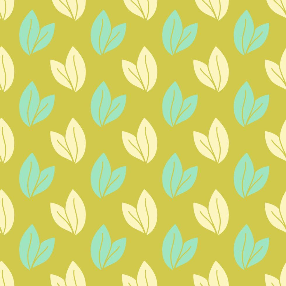 Vector seamless pattern with leaves, repeatable minimalistic background. Repeatable botanical backdrop. Green geometric tea leaves motif.