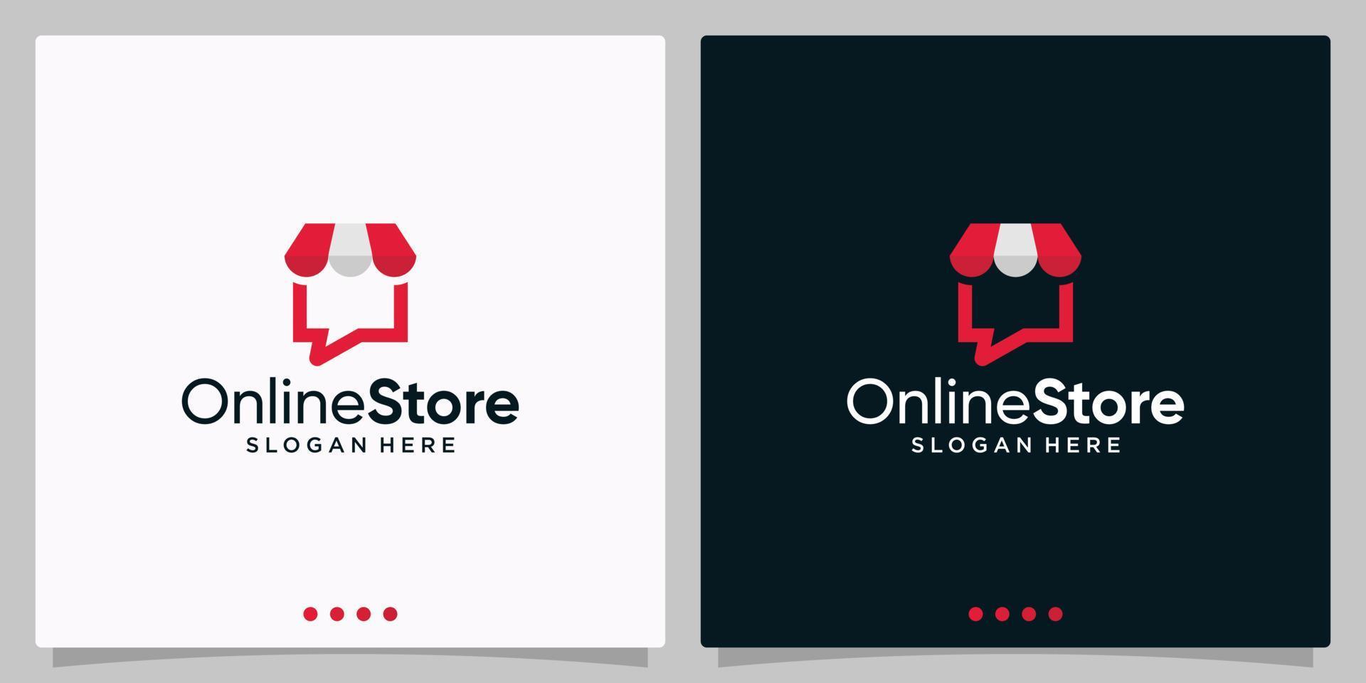 Shopping store logo with chat bubble. Online shop icon simple minimalist logo sign vector illustration. Isolation of objects on a black and white background