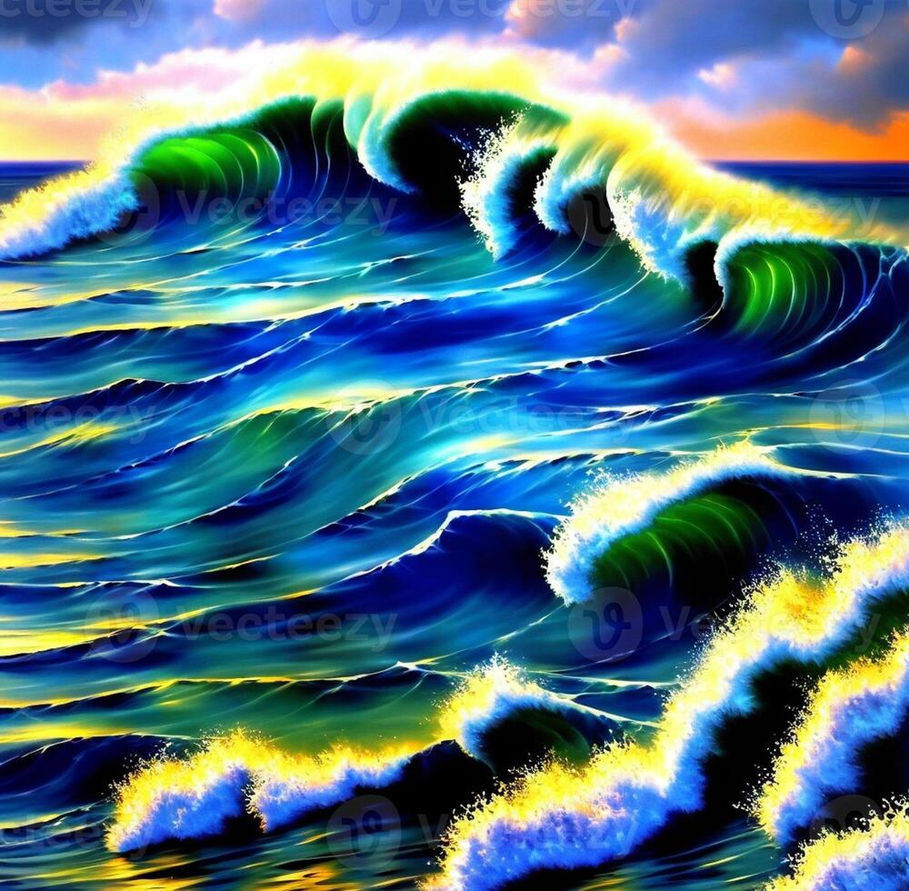 Colorful ocean waves illustration, Colorful sea waves oil painting work, Designed with artificial intelligence, photo