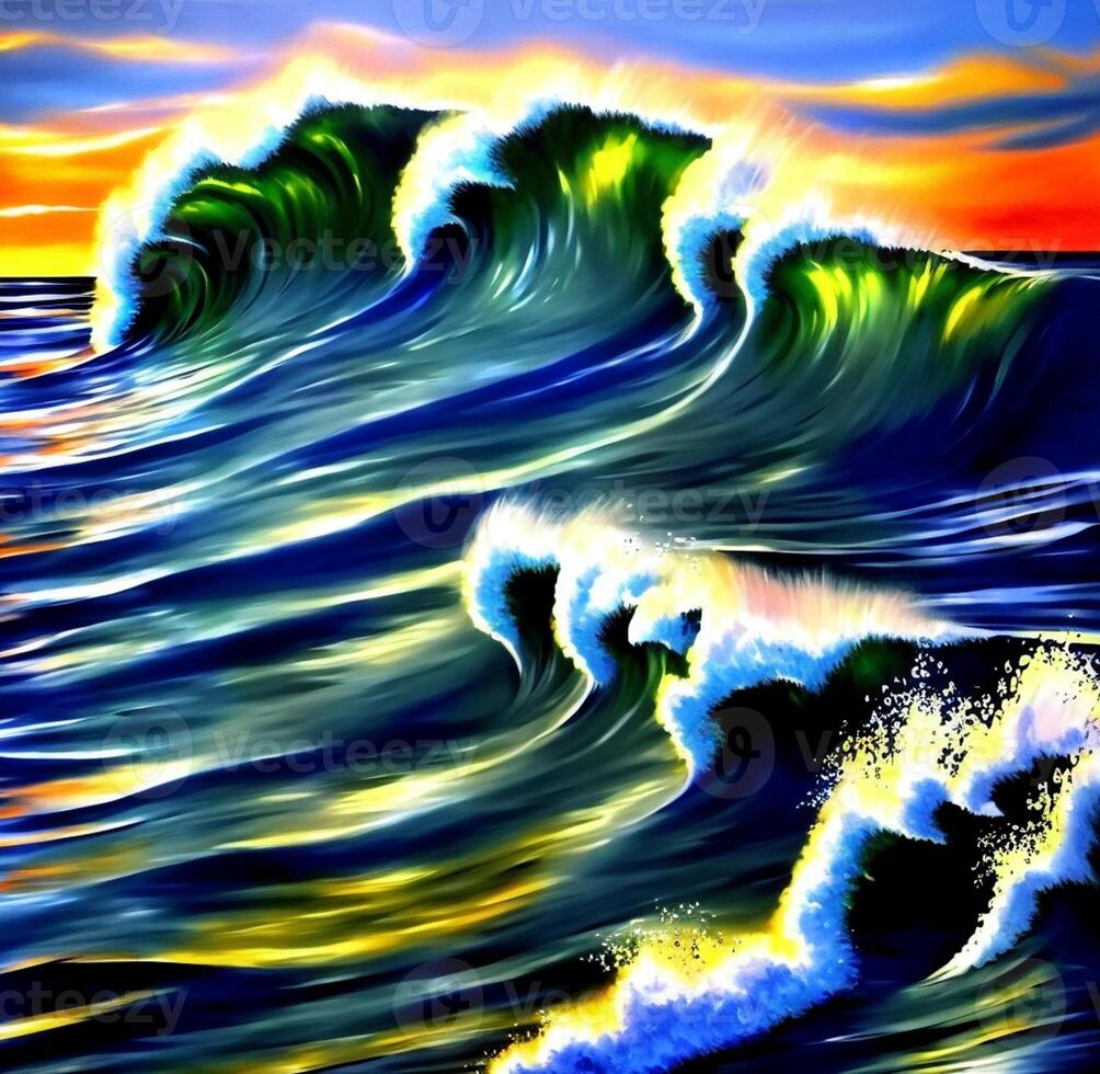 Colorful ocean waves illustration, Colorful sea waves oil painting work, Designed with artificial intelligence, photo