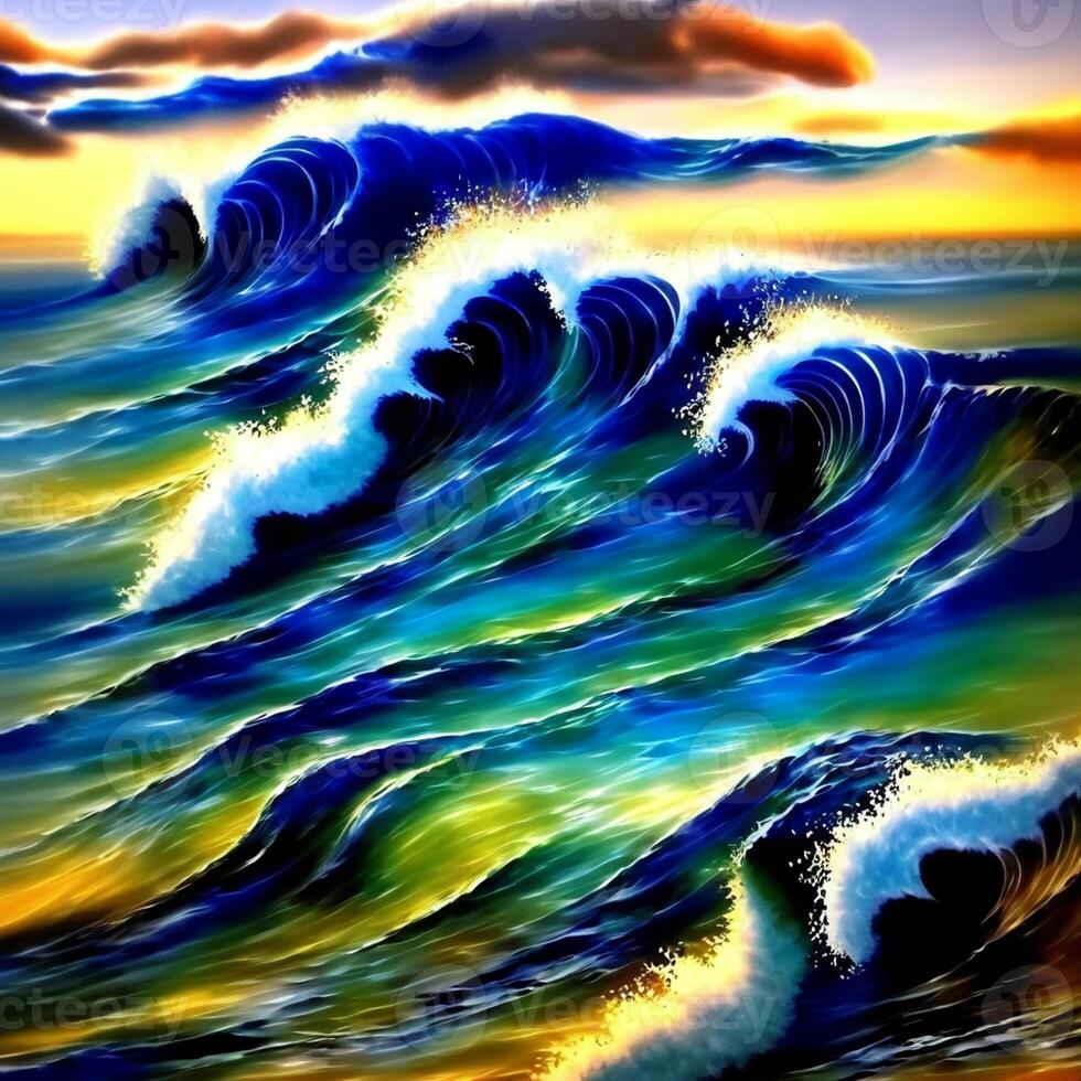 Colorful ocean waves illustration, Colorful sea waves oil painting work, Designed with artificial intelligence, photo