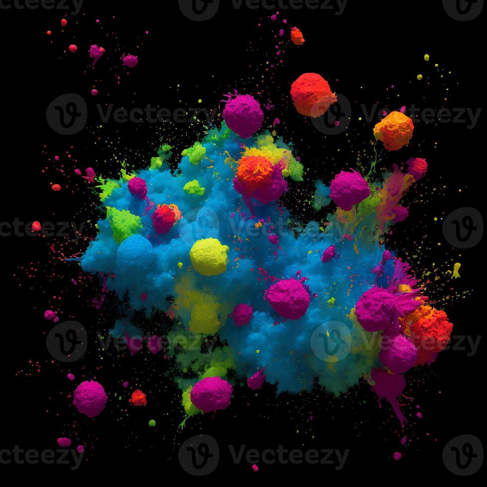 multicolor pintar explosión, pintar dispersión explosión de vistoso nubes, polvo nube explotando en negro fondo, diseñado con artificial inteligencia, generativo ai foto