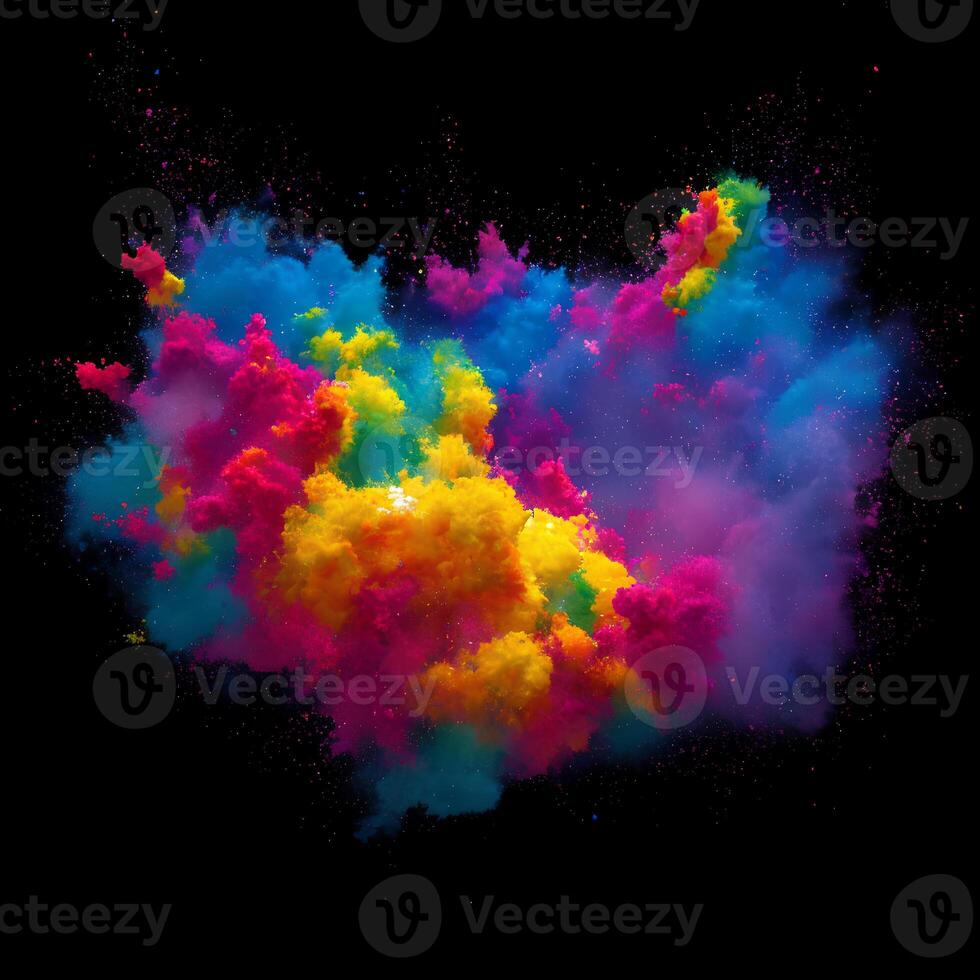 Multicolored paint explosion, Paint scattering explosion of colorful clouds, Dust cloud exploding on black background,Designed with artificial intelligence, photo