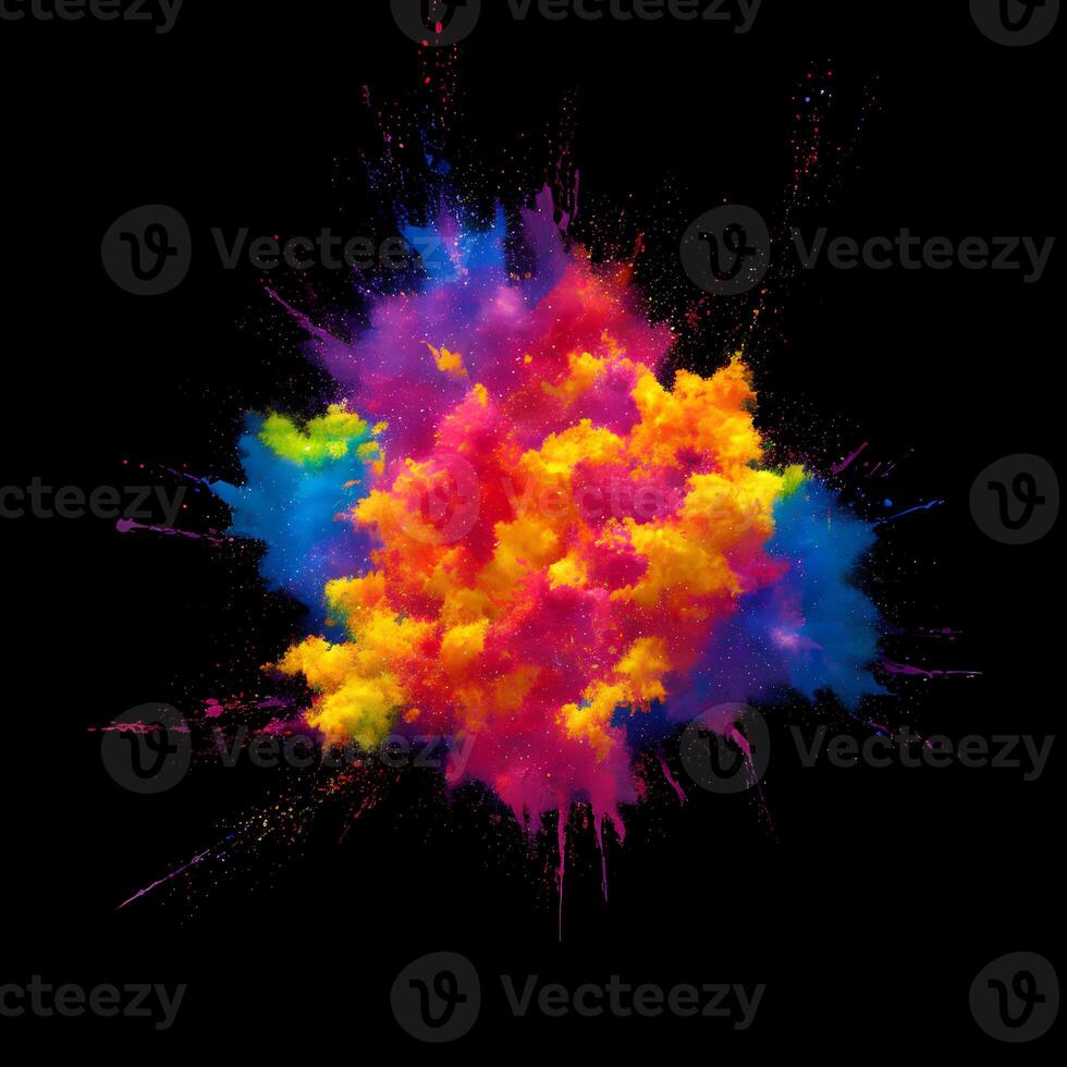 Multicolored paint explosion, Paint scattering explosion of colorful clouds, Dust cloud exploding on black background,Designed with artificial intelligence, photo