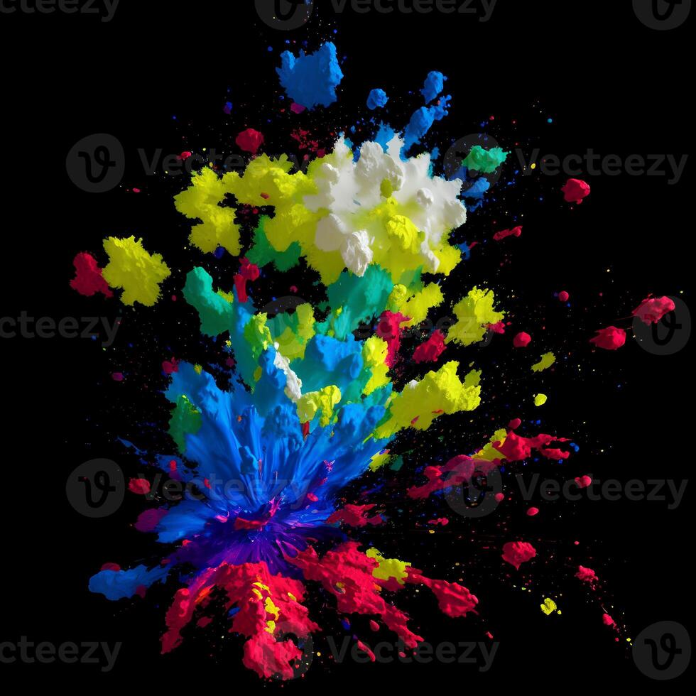 Multicolored paint explosion, Paint scattering explosion of colorful clouds, Dust cloud exploding on black background,Designed with artificial intelligence, photo