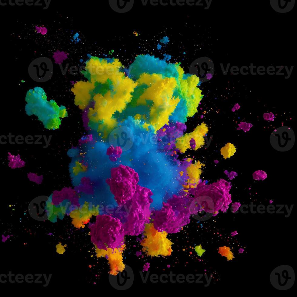 Multicolored paint explosion, Paint scattering explosion of colorful clouds, Dust cloud exploding on black background,Designed with artificial intelligence, photo