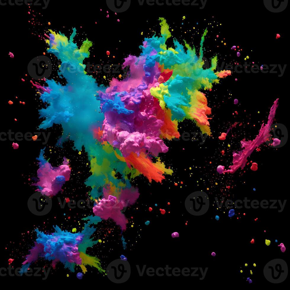 Multicolored paint explosion, Paint scattering explosion of colorful clouds, Dust cloud exploding on black background,Designed with artificial intelligence, photo