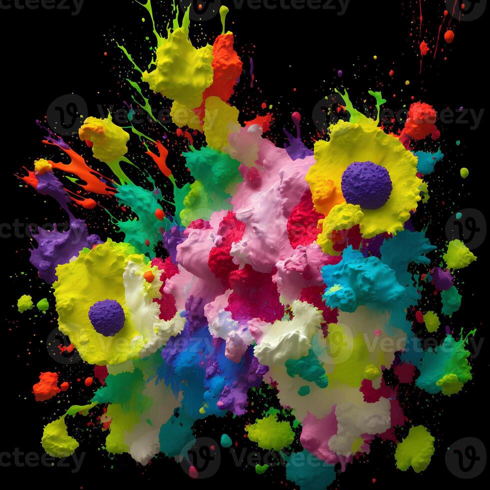 Multicolored paint explosion, Paint scattering explosion of colorful clouds, Dust cloud exploding on black background,Designed with artificial intelligence, photo