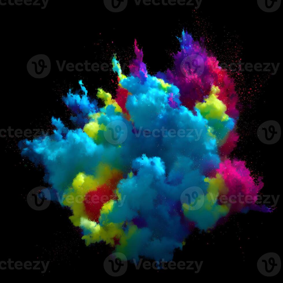 Multicolored paint explosion, Paint scattering explosion of colorful clouds, Dust cloud exploding on black background,Designed with artificial intelligence, photo
