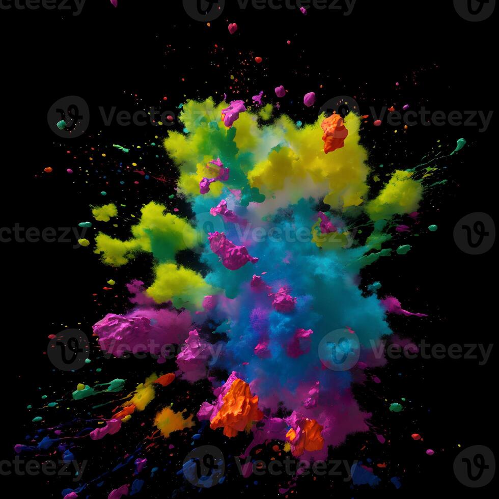 Multicolored paint explosion, Paint scattering explosion of colorful clouds, Dust cloud exploding on black background,Designed with artificial intelligence, photo