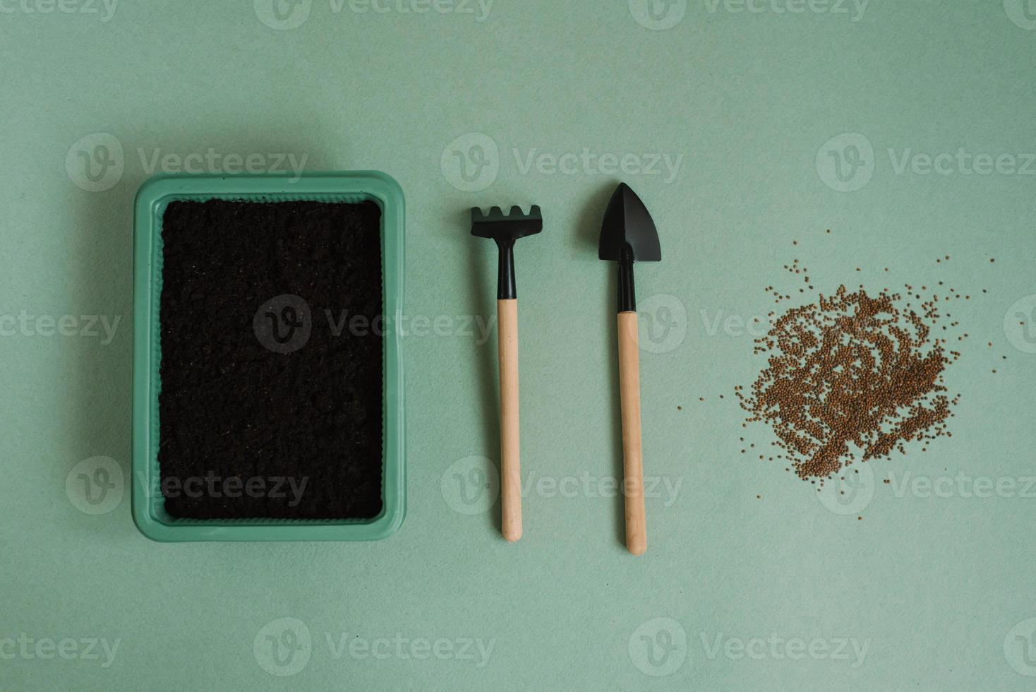 Gardening tool kit for a gardener on a green table background. The concept of spring gardening, a home hobby for the whole family photo