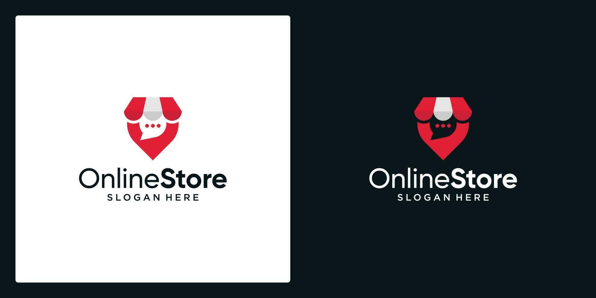 Shopping store logo with chat bubble and pin location. Online shop icon simple minimalist logo design vector illustration. Isolation of objects on a black and white background.