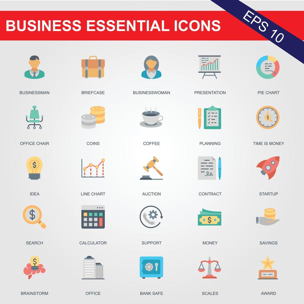 25 Flat business essential, communication and office icons set for website and mobile site apps. Contains such Icons as Chart, Awards. vector