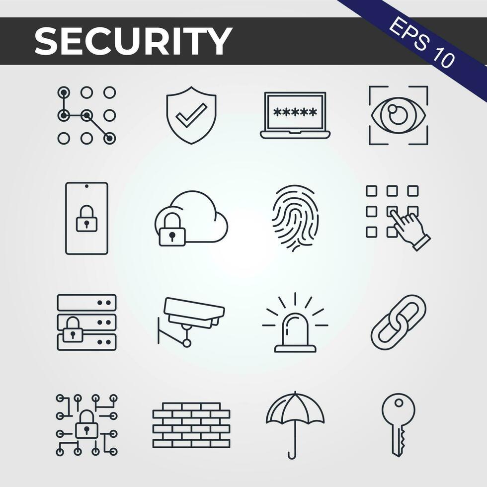 16 Protection and Security Vector Line Icons Set. Business Data Protection Technology, Cyber Security, Computer Network Protection. Editable Stroke. 48x48 Pixel Perfect.
