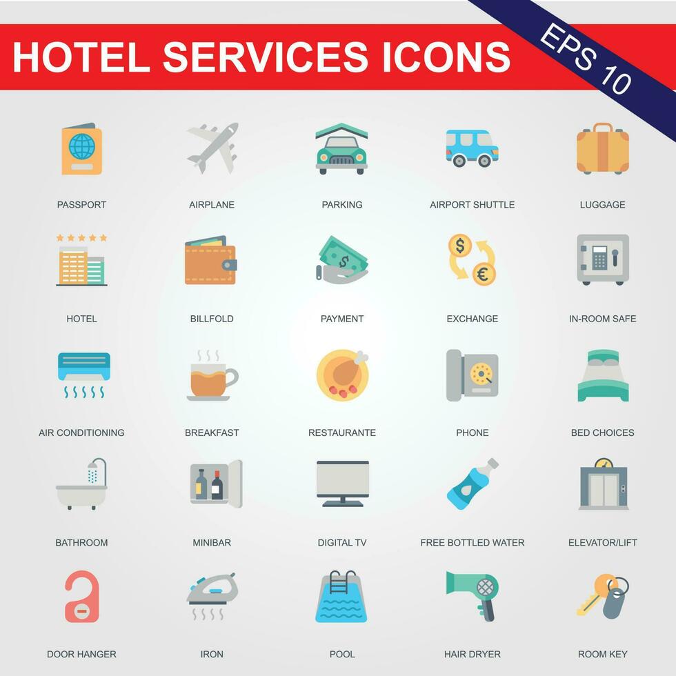 25 hotel íconos colocar. alquiler propiedad aislado iconos conjunto de Departamento reserva, hotel reserva, alquilar Hostal habitación, aeropuerto transferir, habitación área, plano alquilar, cinco estrellas hotel, Servicio línea vector web icono