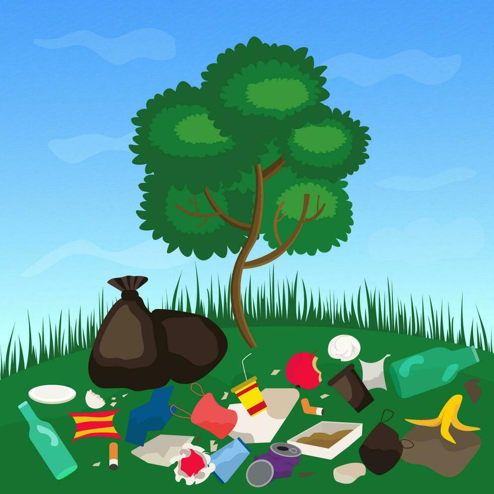 garbage in the park, near the tree, vector