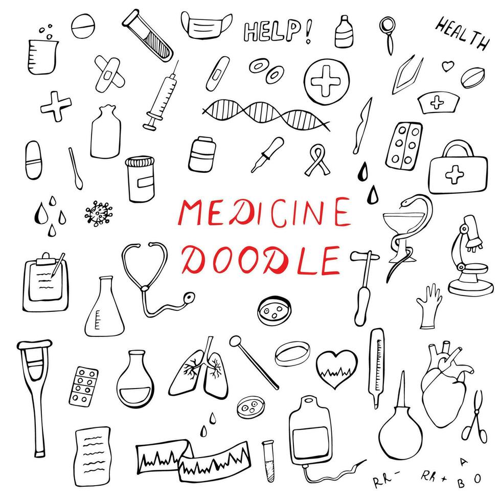 medicine doodle, vector hand drawn set