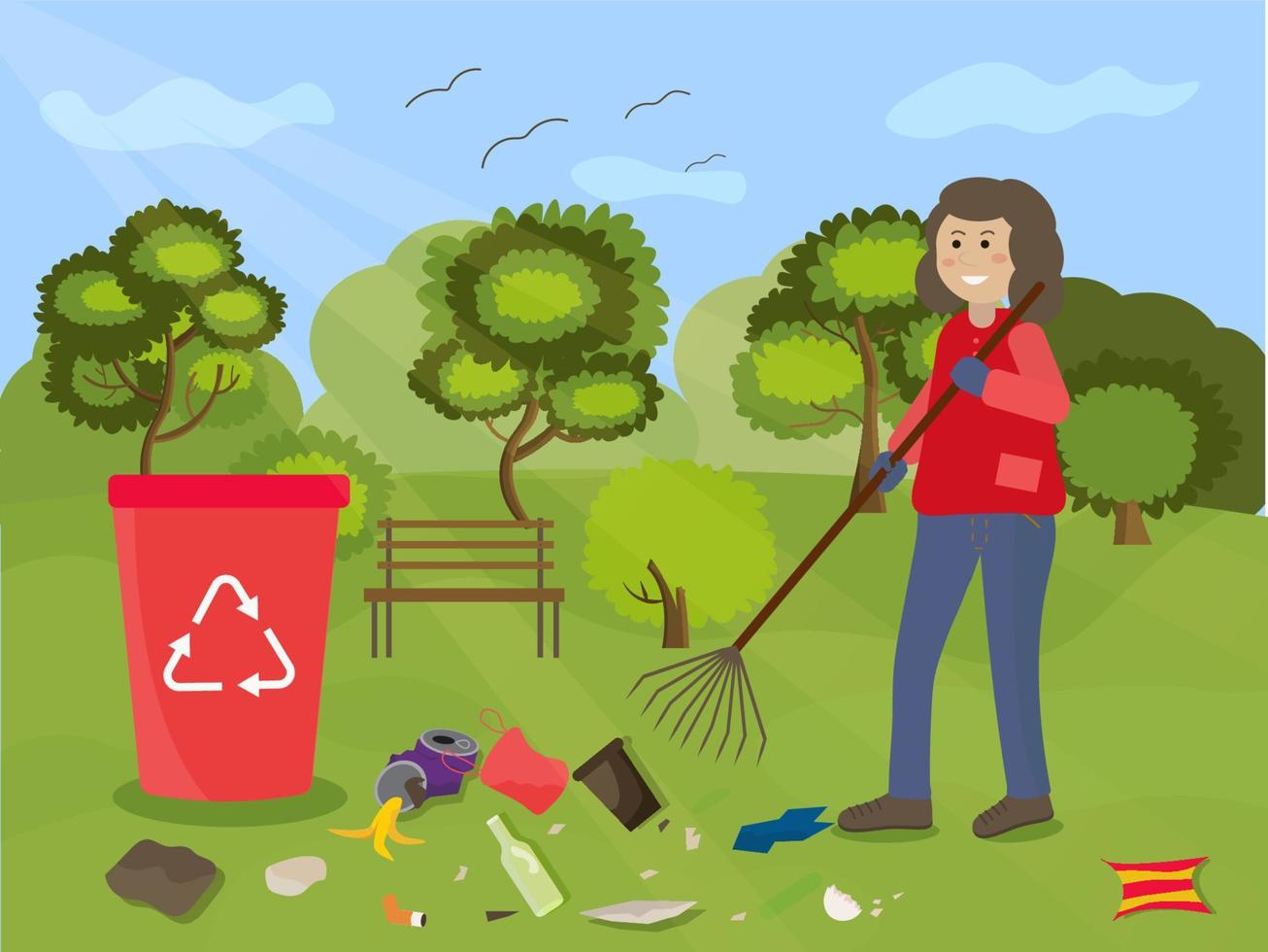 cleaning the park from garbage, a woman, a volunteer in a red vest removes garbage vector