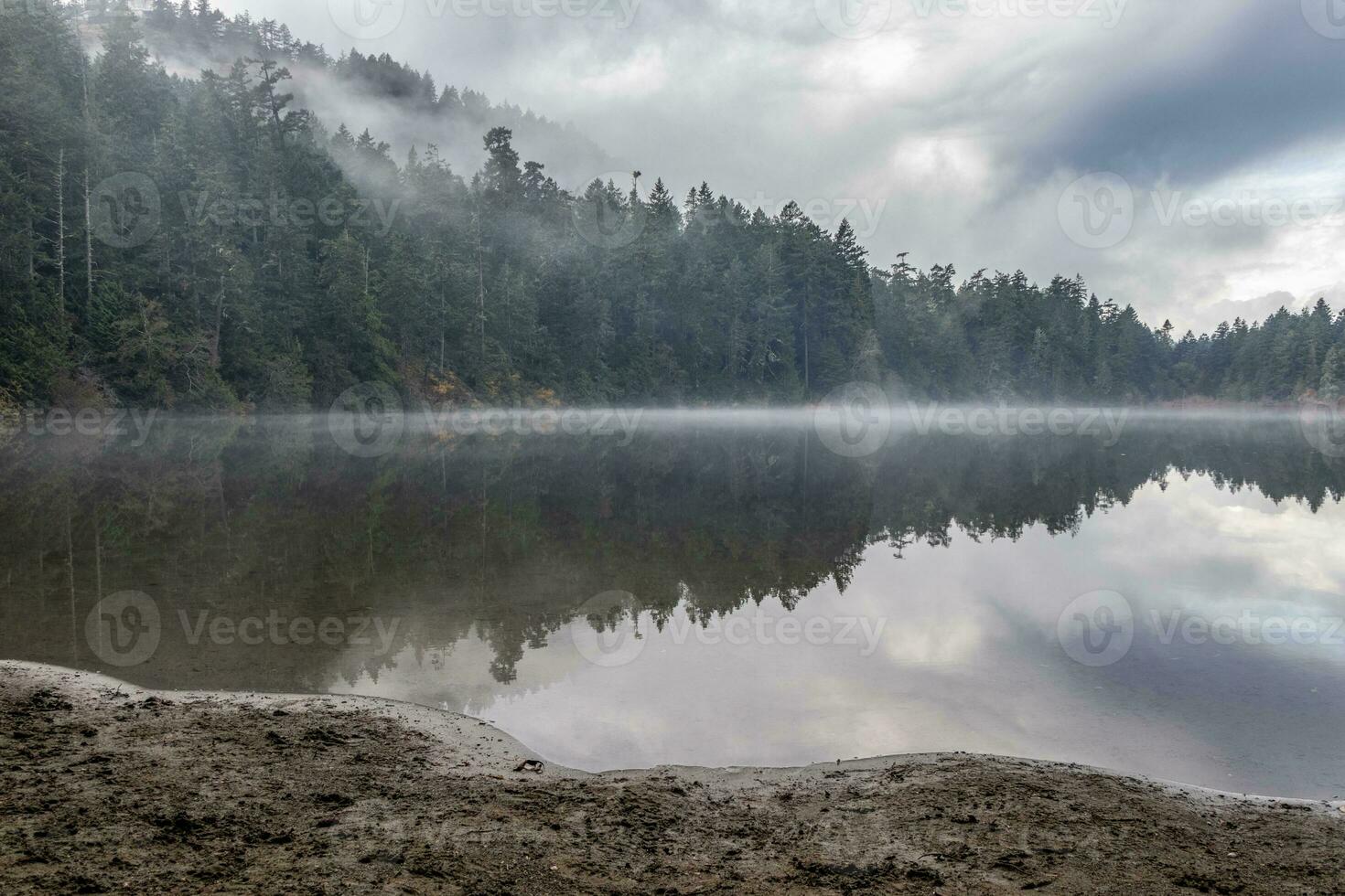Mist over a mountain lake with trees and clouds reflecting in the calm water photo