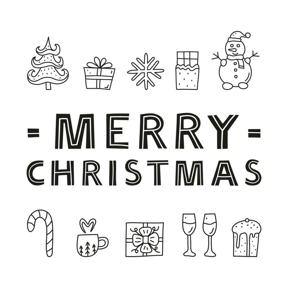 Poster with lettering and doodle Christmas and New Year icons. vector