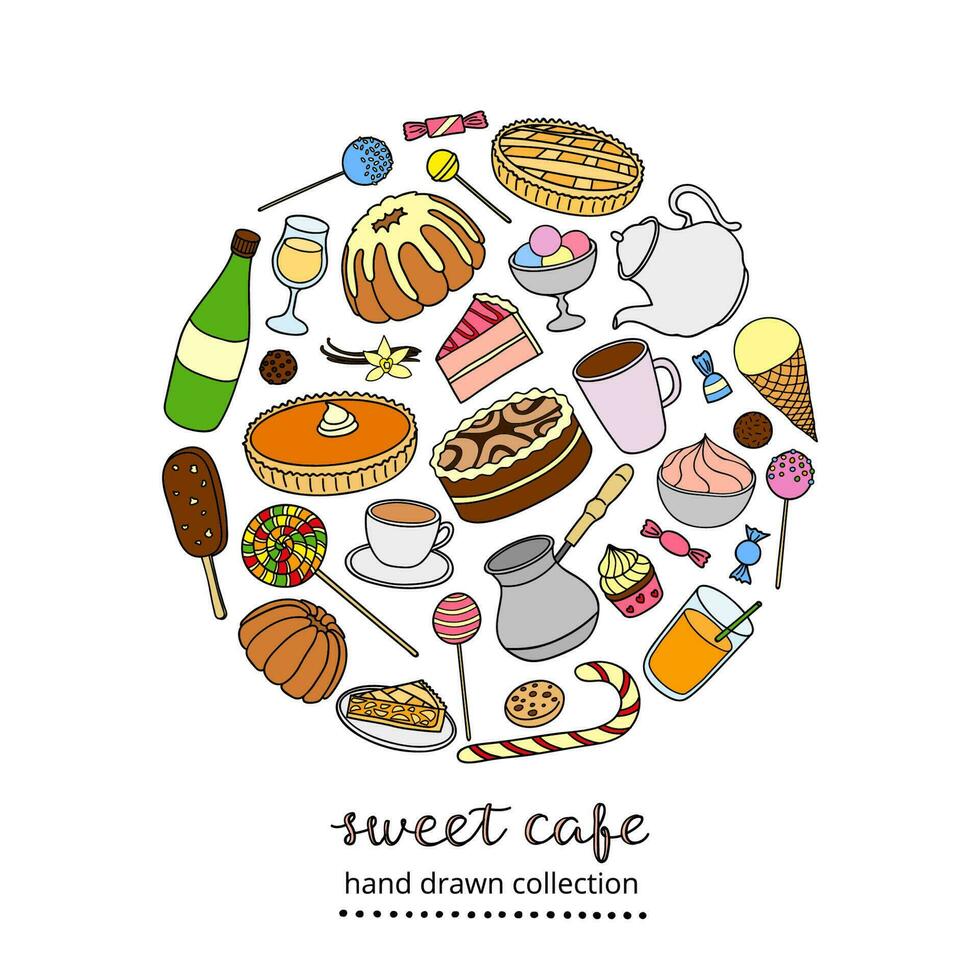 Hand drawn sweets in circle. vector