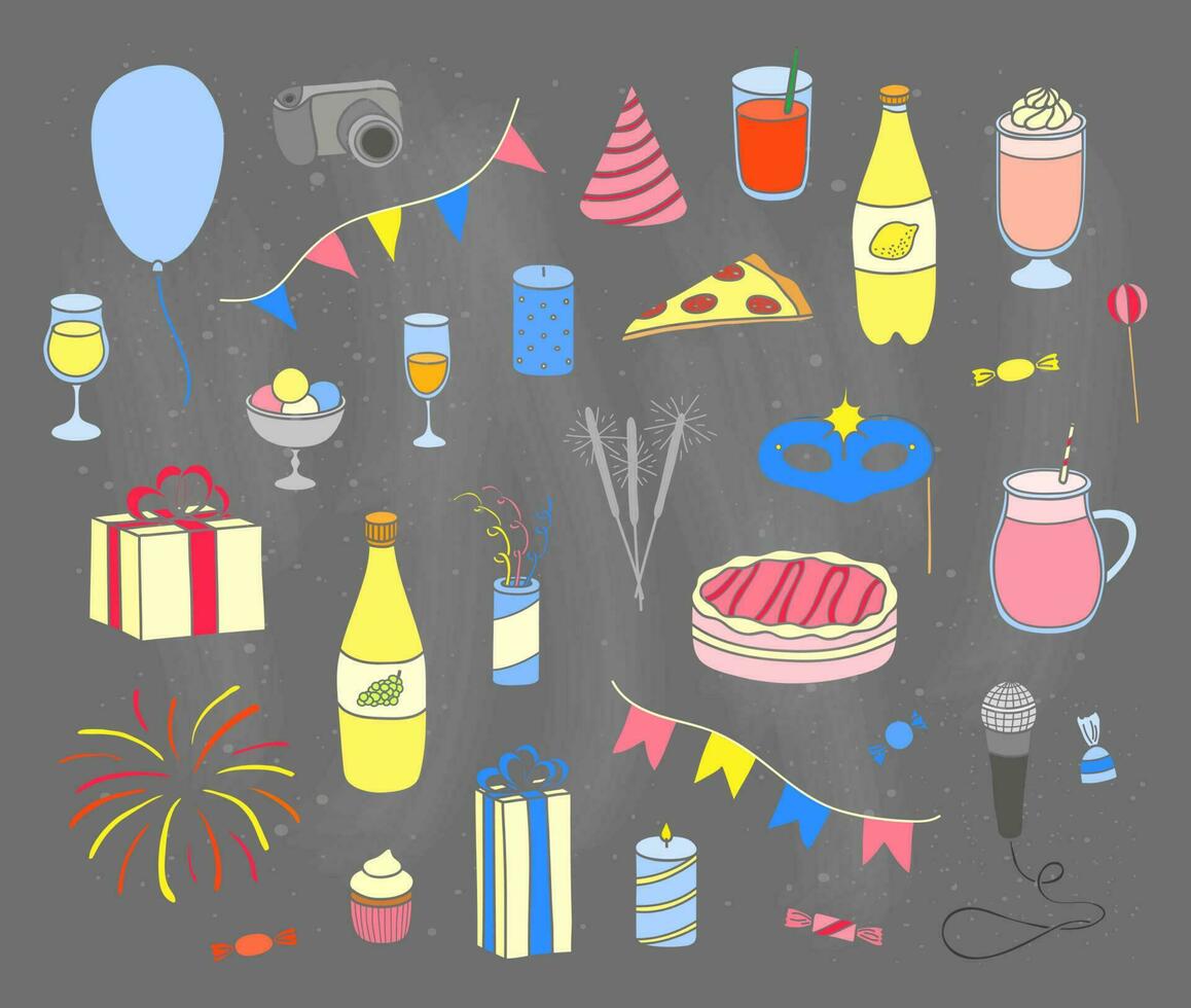 Set of hand drawn party items. vector