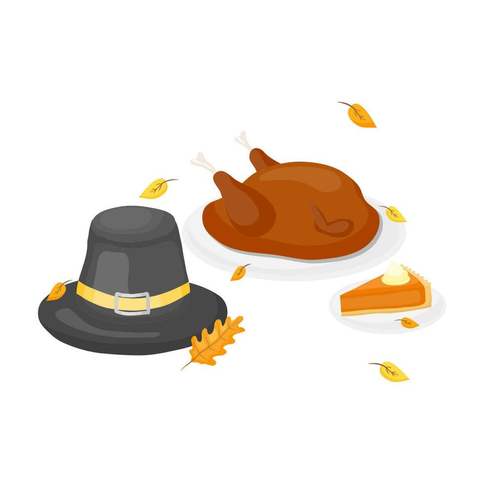 Illustration of roasted Thanksgiving turkey, pumpkin pie and hat. vector