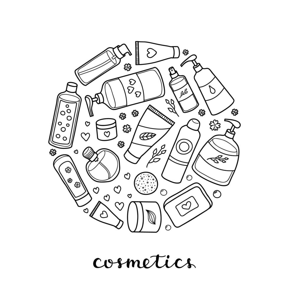 Hand drawn beauty products in circle. vector