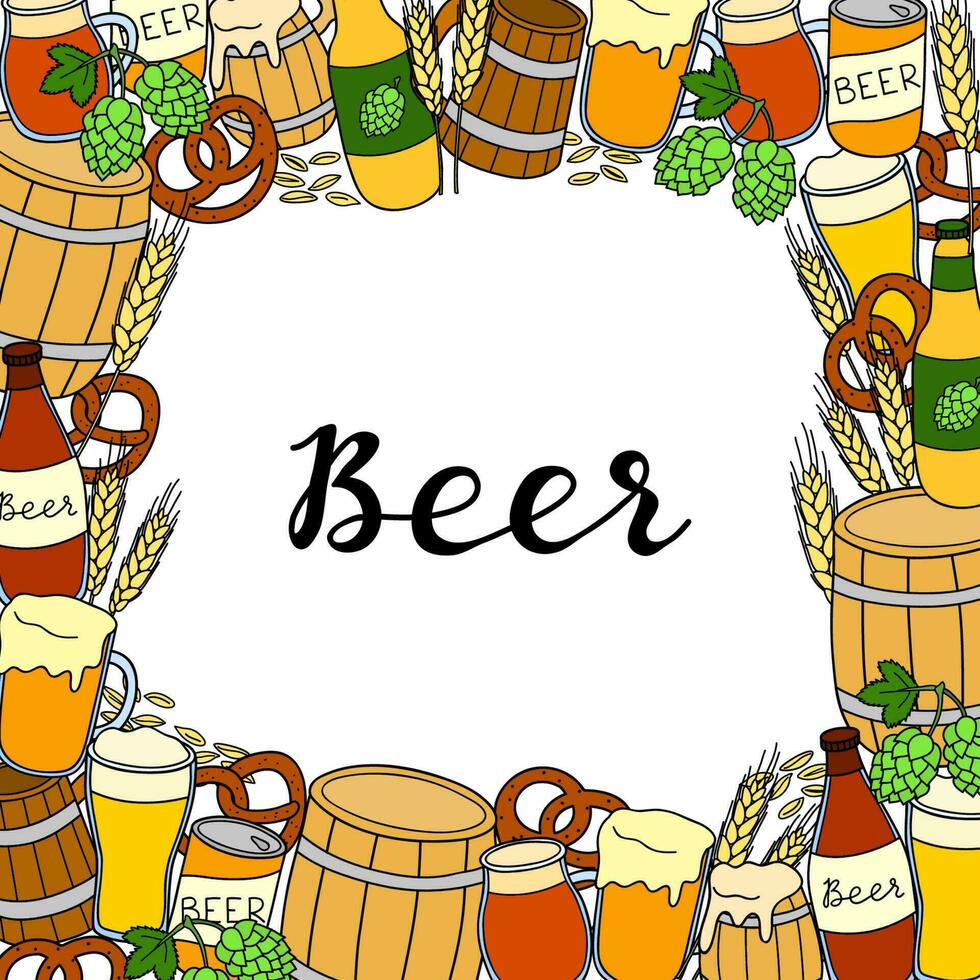 Square background with hand drawn beer items. vector