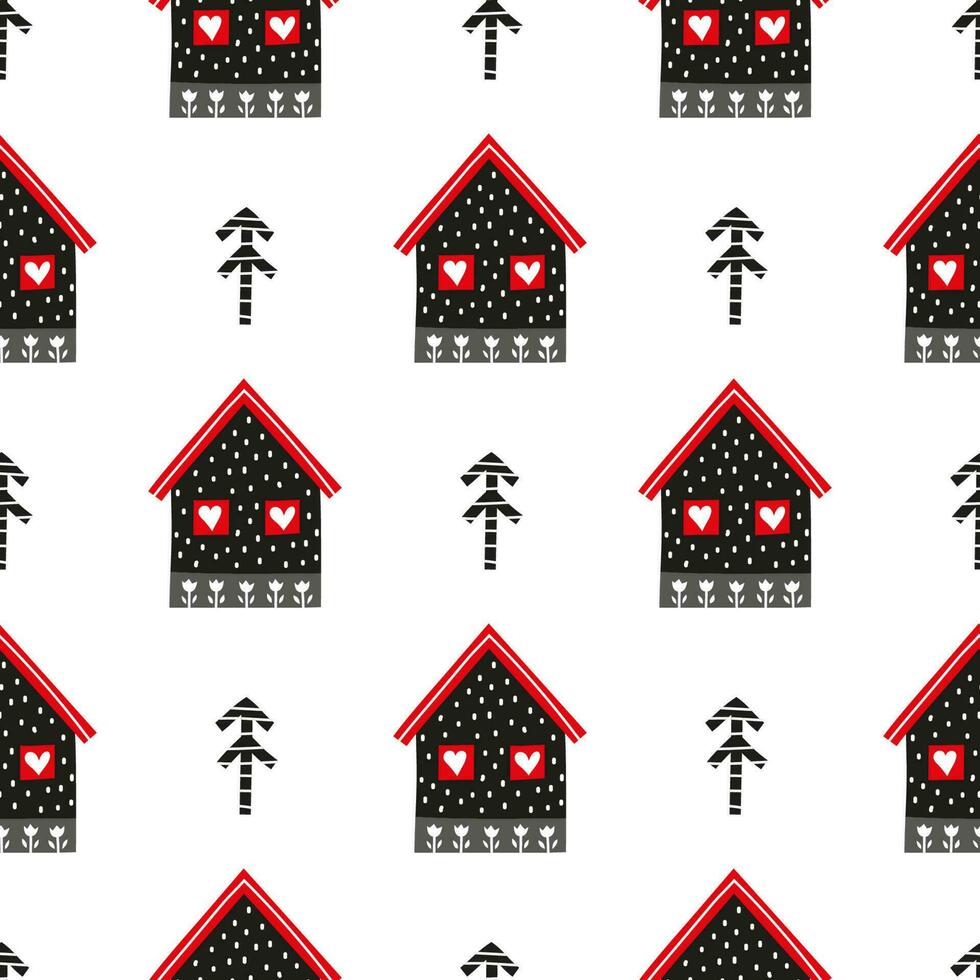 Seamless pattern with Scandinavian houses and fir trees. vector