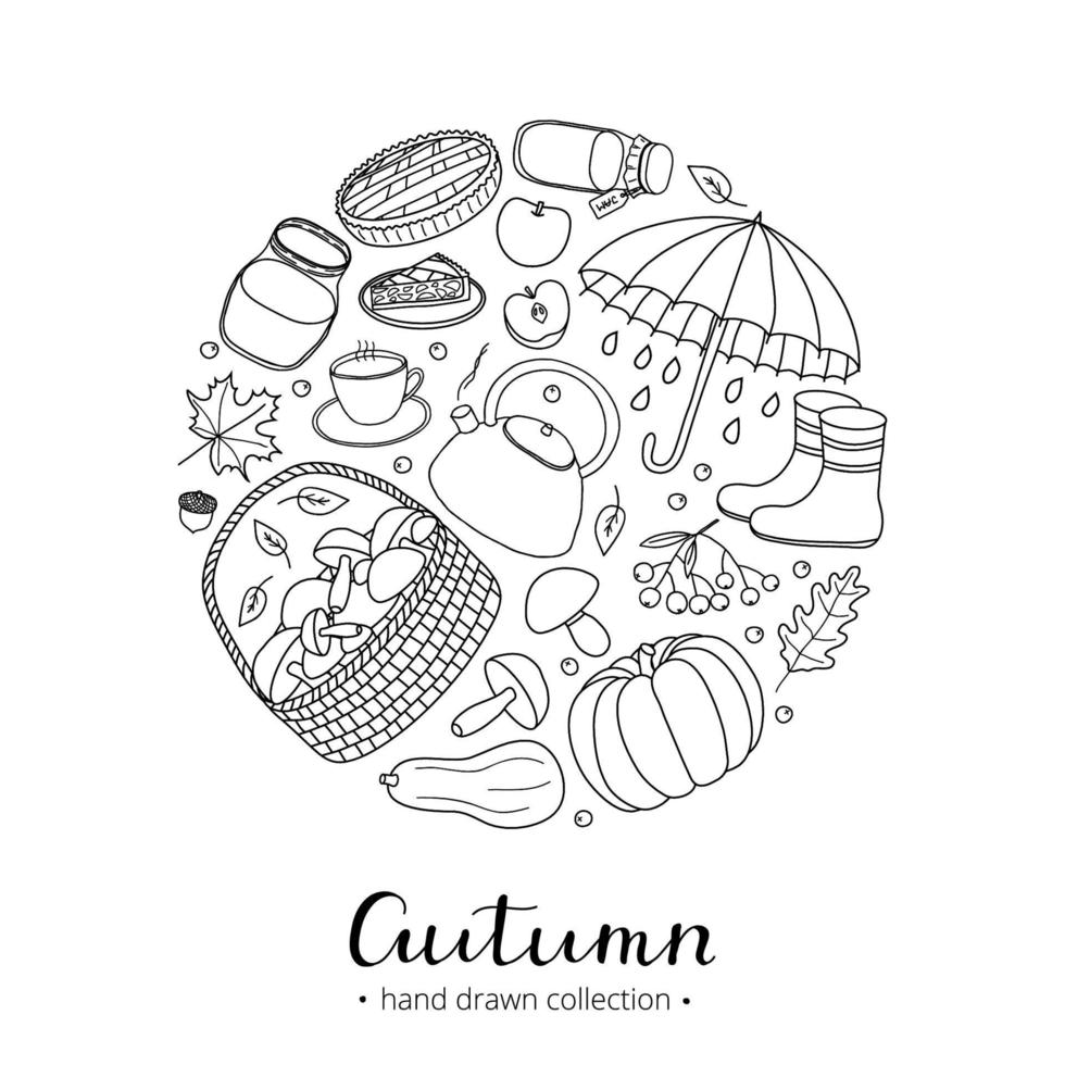 Hand drawn autumn items in circle. vector