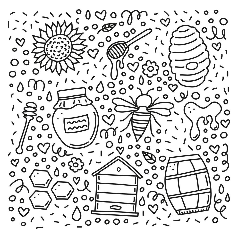 Set of honey outline doodles. vector