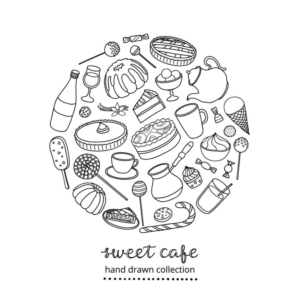 Hand drawn sweets in circle. vector