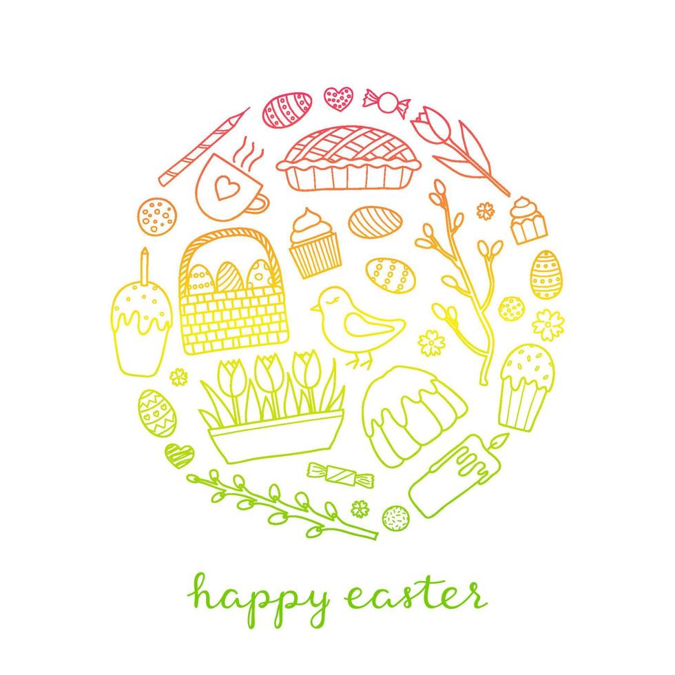 Doodle easter items in circle. vector