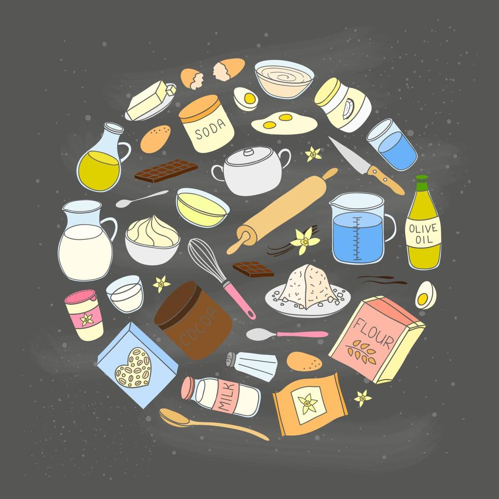 Hand drawn cooking, baking ingredients in circle. vector