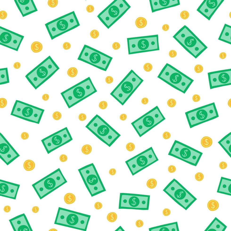 Seamless pattern with money banknotes and coins. vector