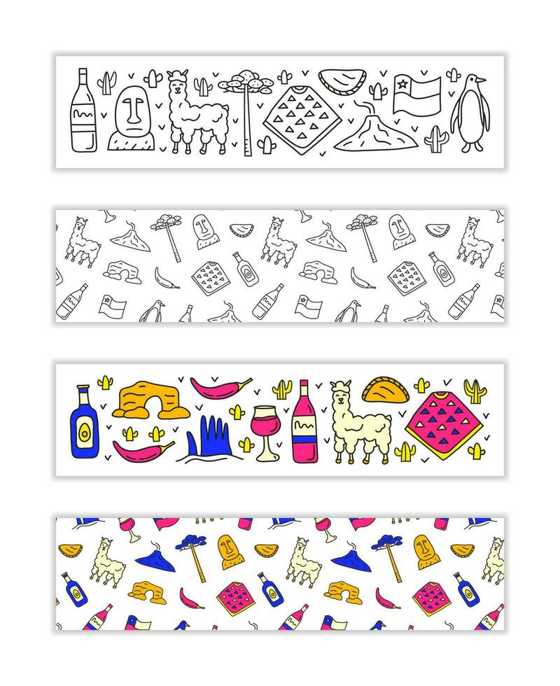 Horizontal banners with doodle Chilean icons. vector