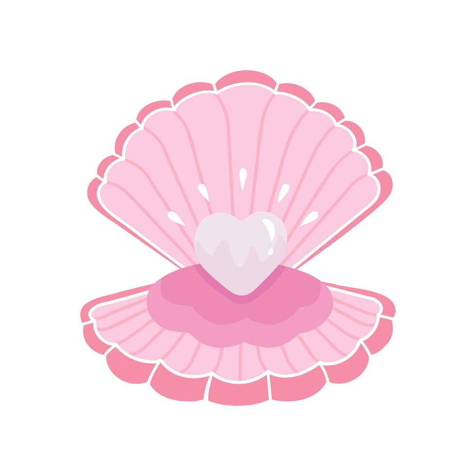 open seashell with heart, pearl. Illustration for printing, backgrounds, covers and packaging. Image can be used for greeting cards, posters, stickers and textile. Isolated on white background. vector