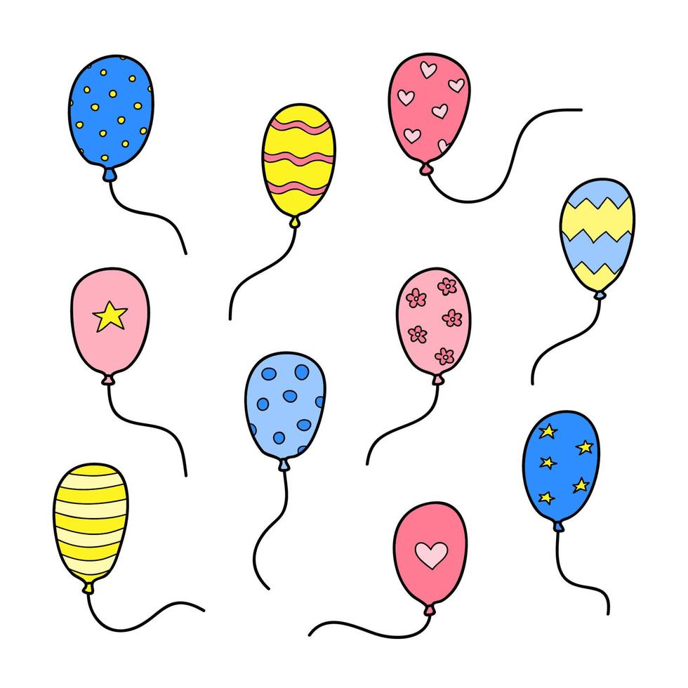 Set of doodle helium balloons. vector