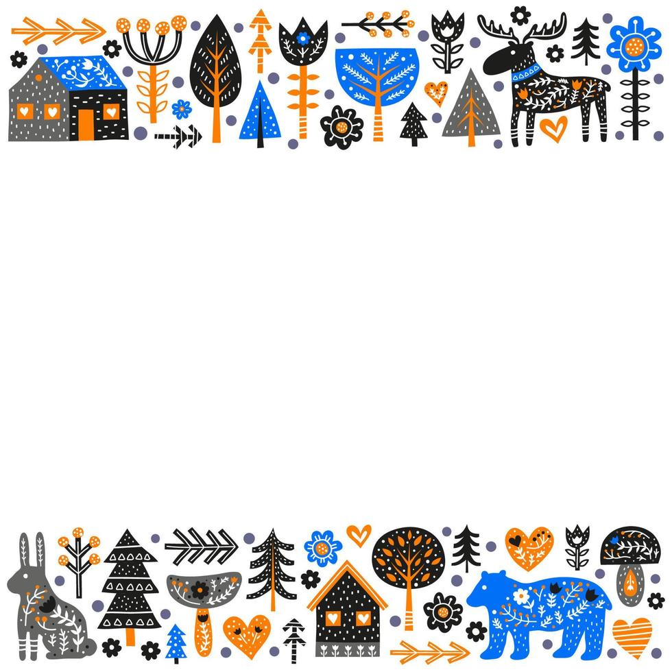 Poster with doodle Scandinavian animals, trees, houses, flowers, mushrooms. vector