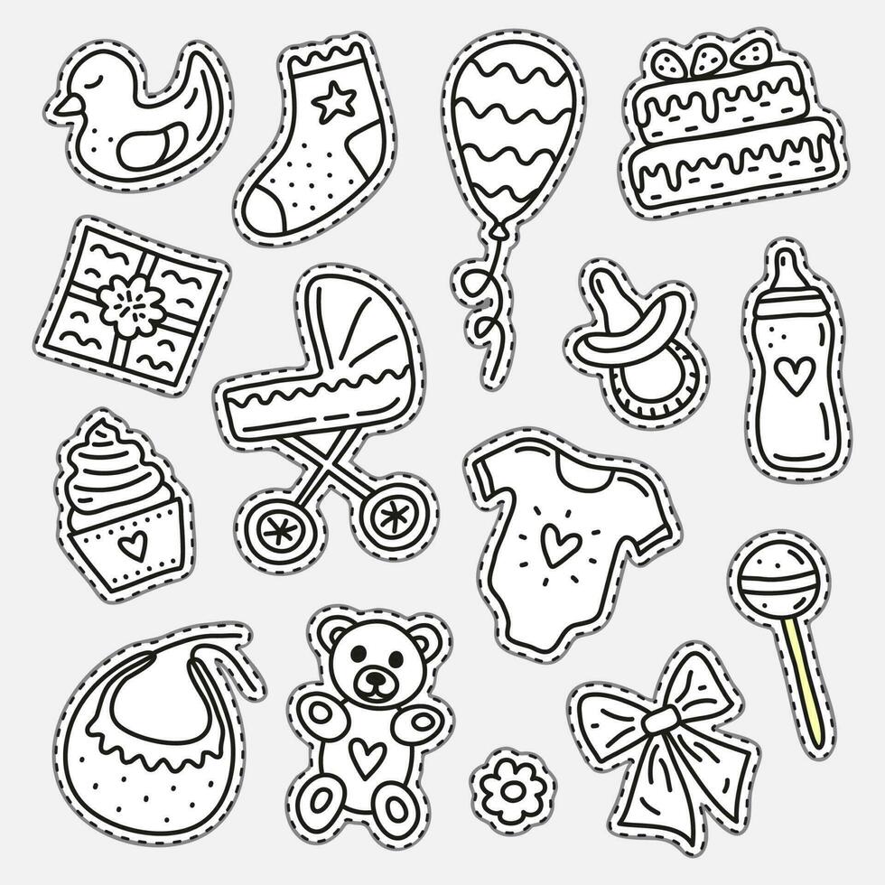 Set of doodle stickers for baby shower. vector