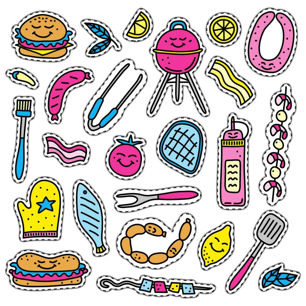 Doodle stickers with barbecue foods. vector