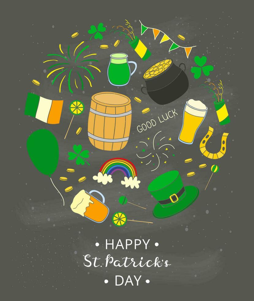 Hand drawn items for Saint patrick s day in circle. vector