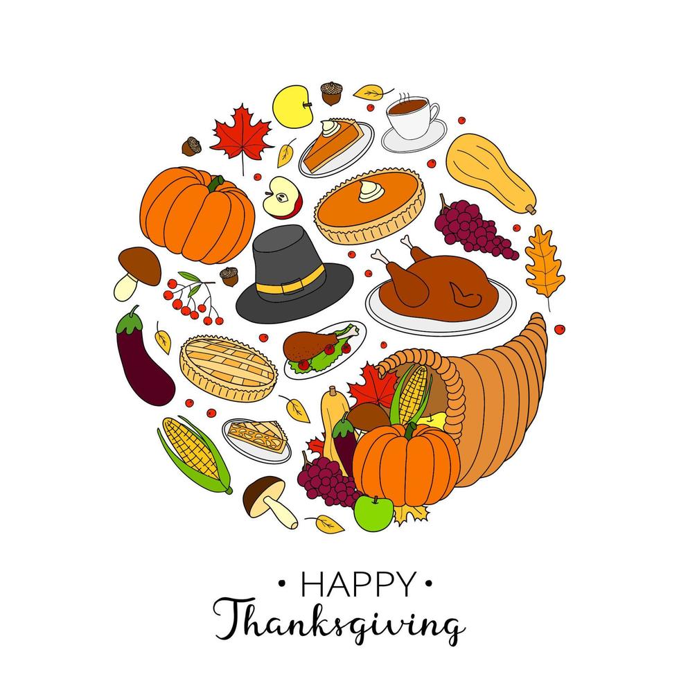 Hand drawn thanksgiving items in circle. vector