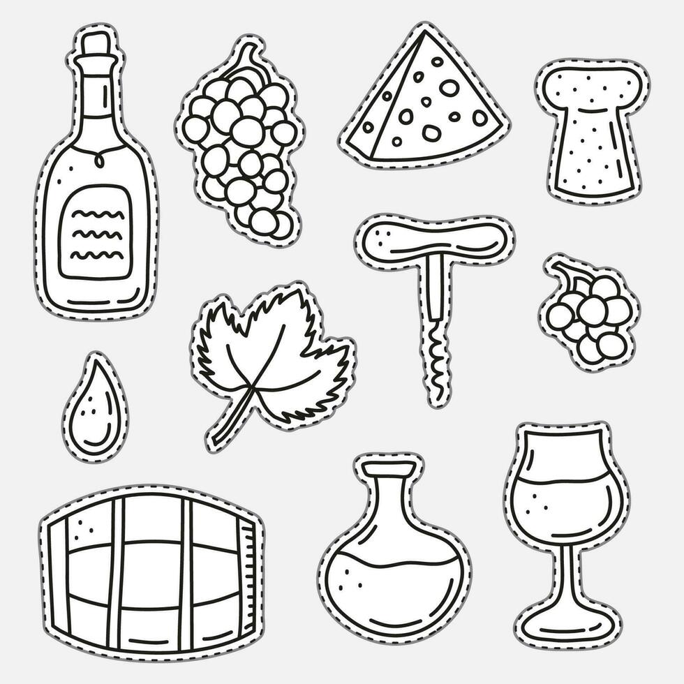 Set of uncolored stickers with wine icons. vector