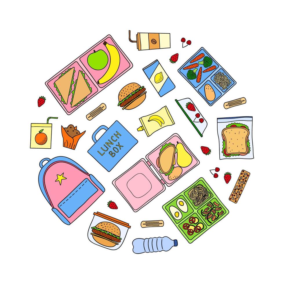 Hand drawn lunch boxes in circle. vector