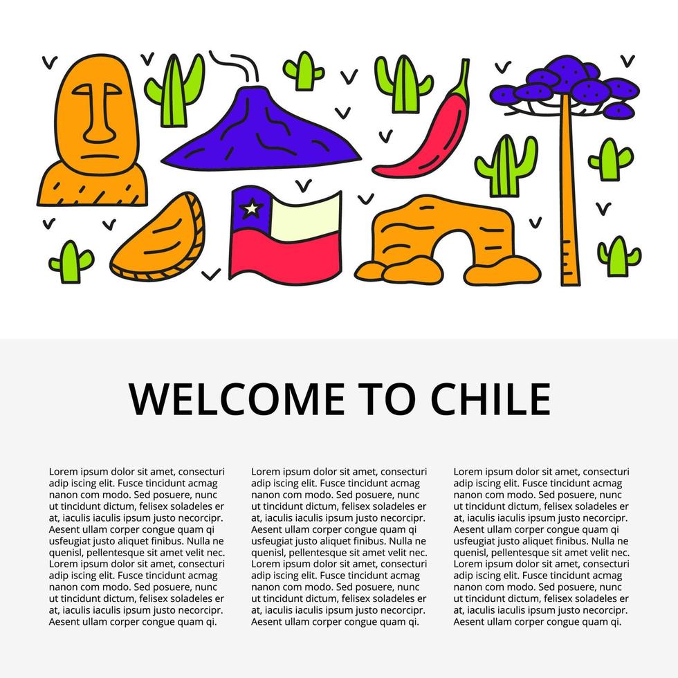 Article template with doodle colored Chile icons. vector
